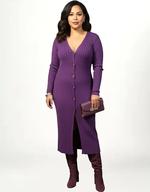 Cardigan Largo Acanalado Tipo Vestido Elegante - Talla L