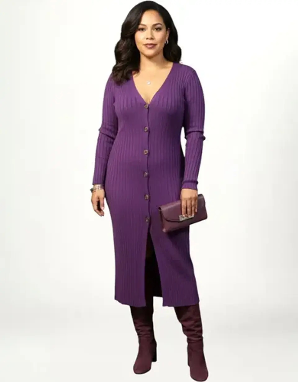 Cardigan Largo Acanalado Tipo Vestido Elegante - Talla L 1