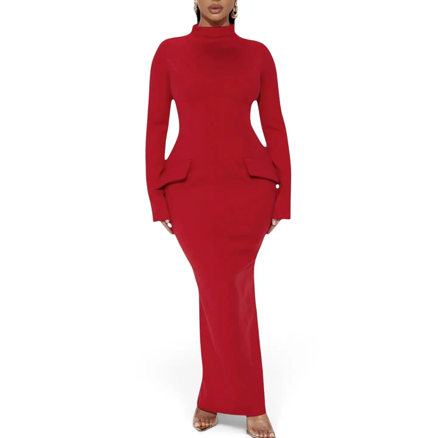 Maxi Vestido Rojo Ajustado de Manga - Talla XL 1