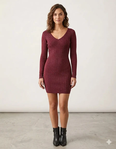 Vestido Suéter Burdeo Con Brillos Vera Wang - Talla XS - S