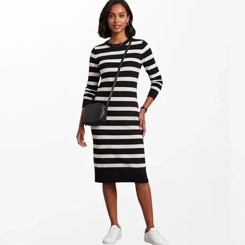 Vestido Midi de Punto a Rayas Blanco y Negro - Talla M