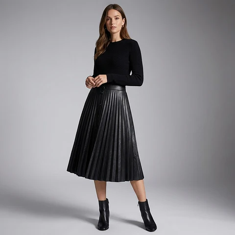 Falda Midi Plisada Orsay De Eco Cuero Negra Talla S