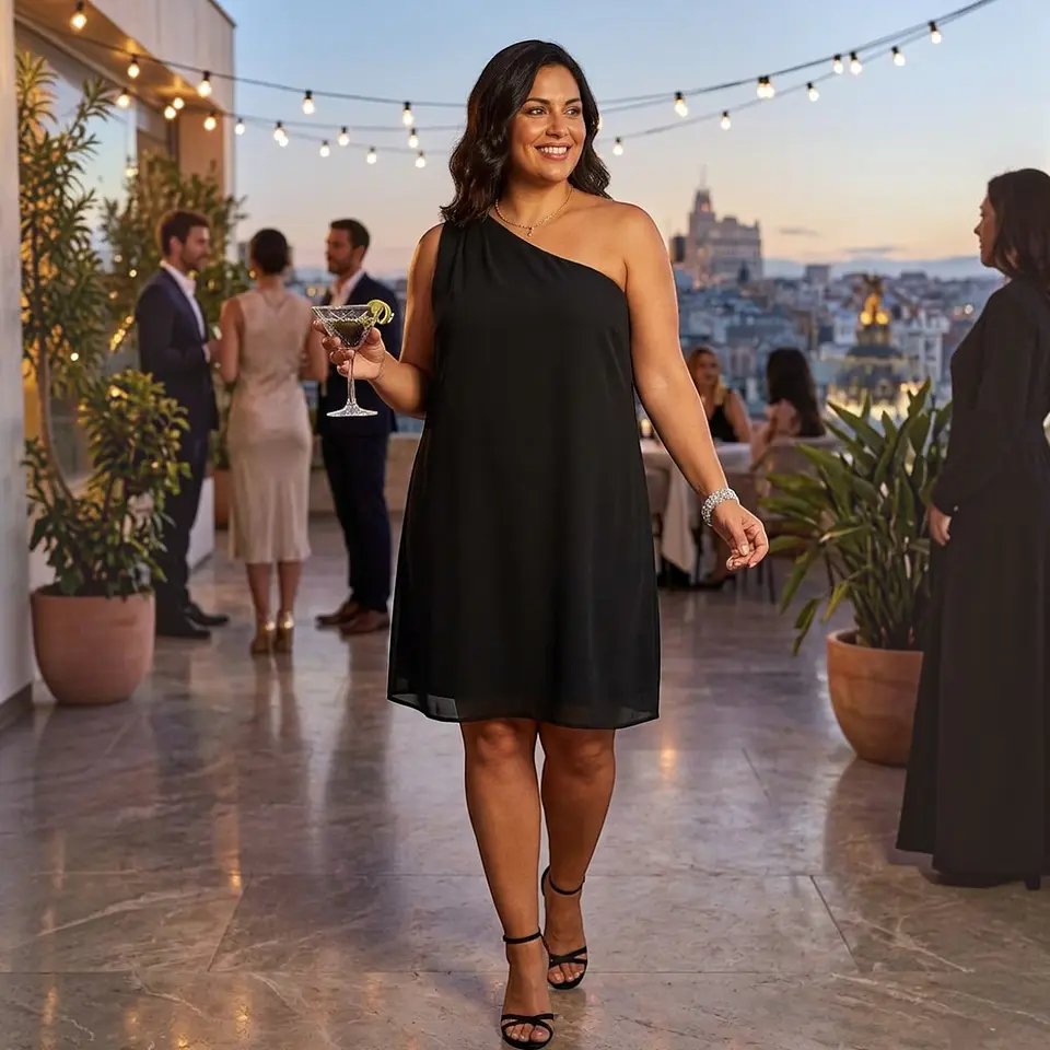 Vestido De Fiesta Eva Mendes_un Hombro Capa Superpuesta T. L 1
