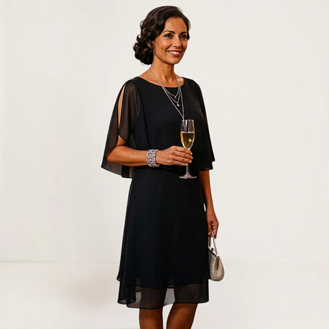 Vestido De Fiesta Negro De Gasa Con Capa Superior - Talla S