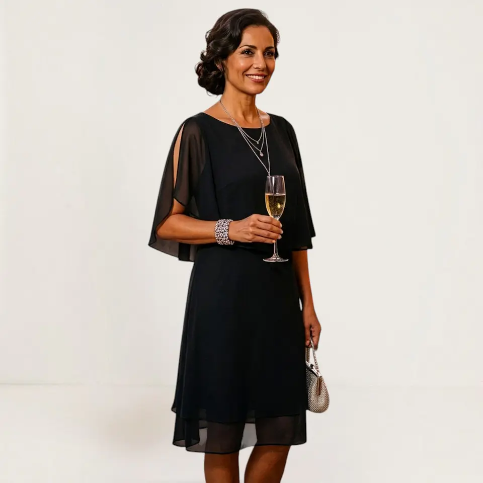 Vestido De Fiesta Negro De Gasa Con Capa Superior - Talla S 1