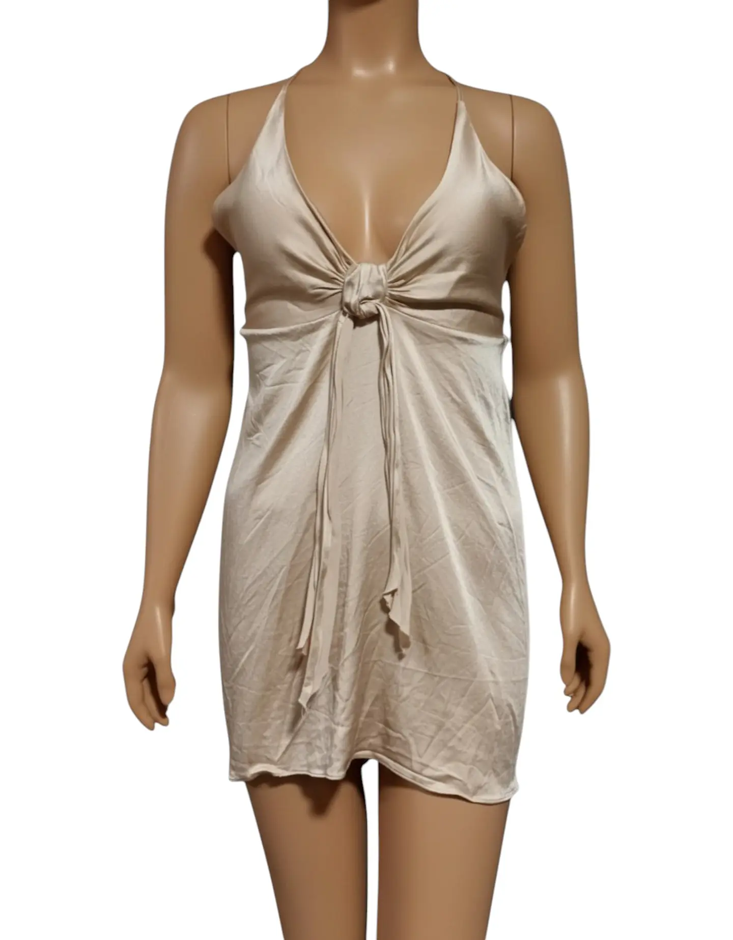 Vestido Zara Satinado Color Champán Cuello Halter - Talla S 2