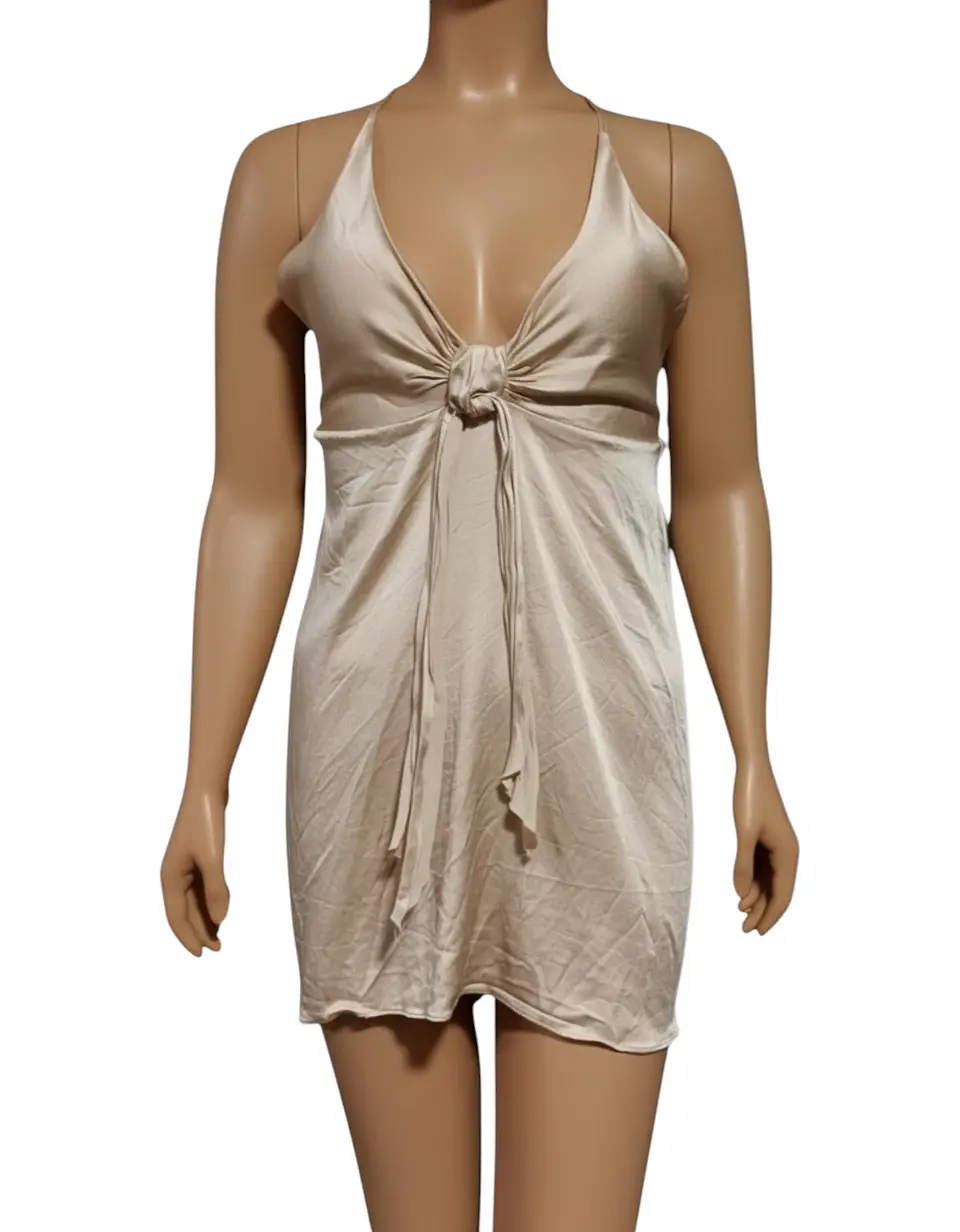Vestido Zara Satinado Color Champán Cuello Halter - Talla S 2