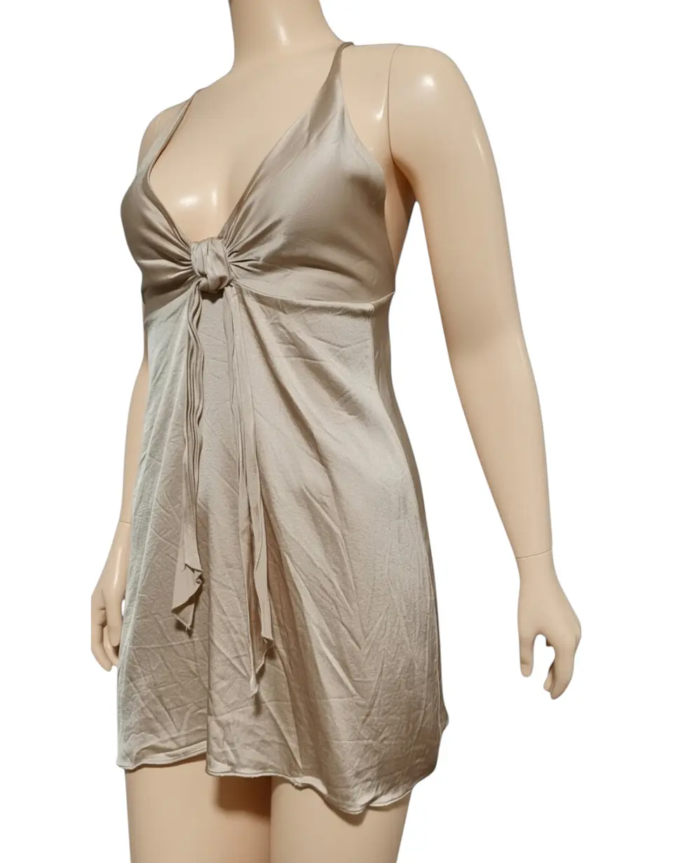 Vestido Zara Satinado Color Champán Cuello Halter - Talla S 4