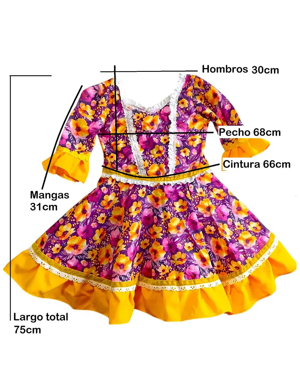 Vestido de Huasa China Manga 3/4 -  Para Niña de 6 - 7 Años 12