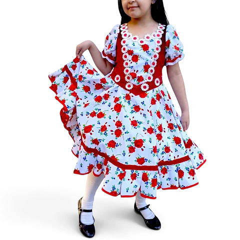 Vestido Huasa China Estampado Floral Para Niña 6 - 8 Años