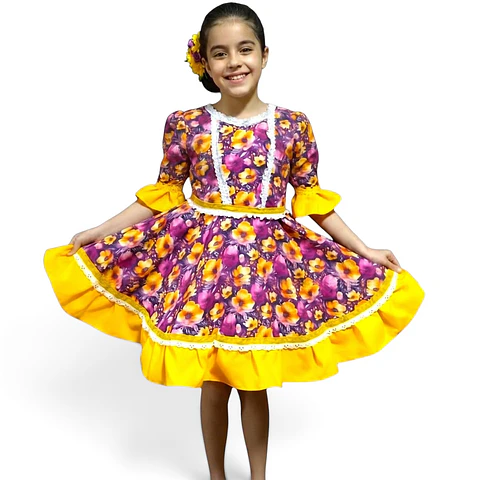 Vestido de Huasa China Manga 3/4 -  Para Niña de 6 - 7 Años