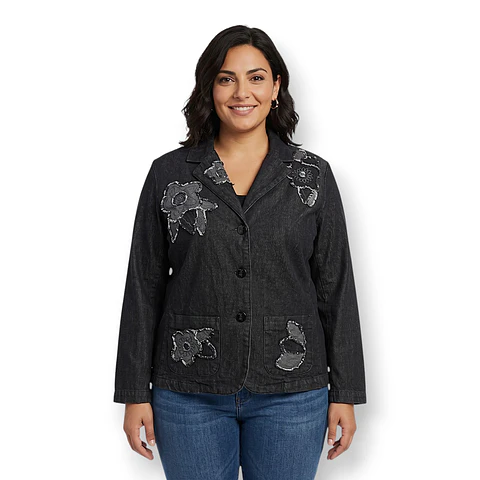 Chaqueta Tipo Blazer de Mezclilla Con Bordado Floral Talla XL - 2XL