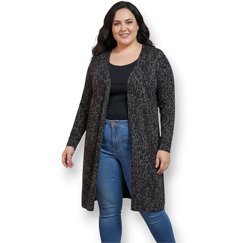 Cárdigan Ligero Abierto Estampado Leopardo Talla Grande 3XL