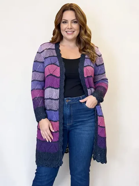 Cárdigan de Hilo Tejido a Mano Rayas Multicolores XL - 2XL