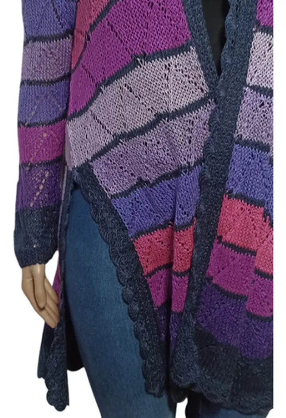 Cárdigan de Hilo Tejido a Mano Rayas Multicolores XL - 2XL 5
