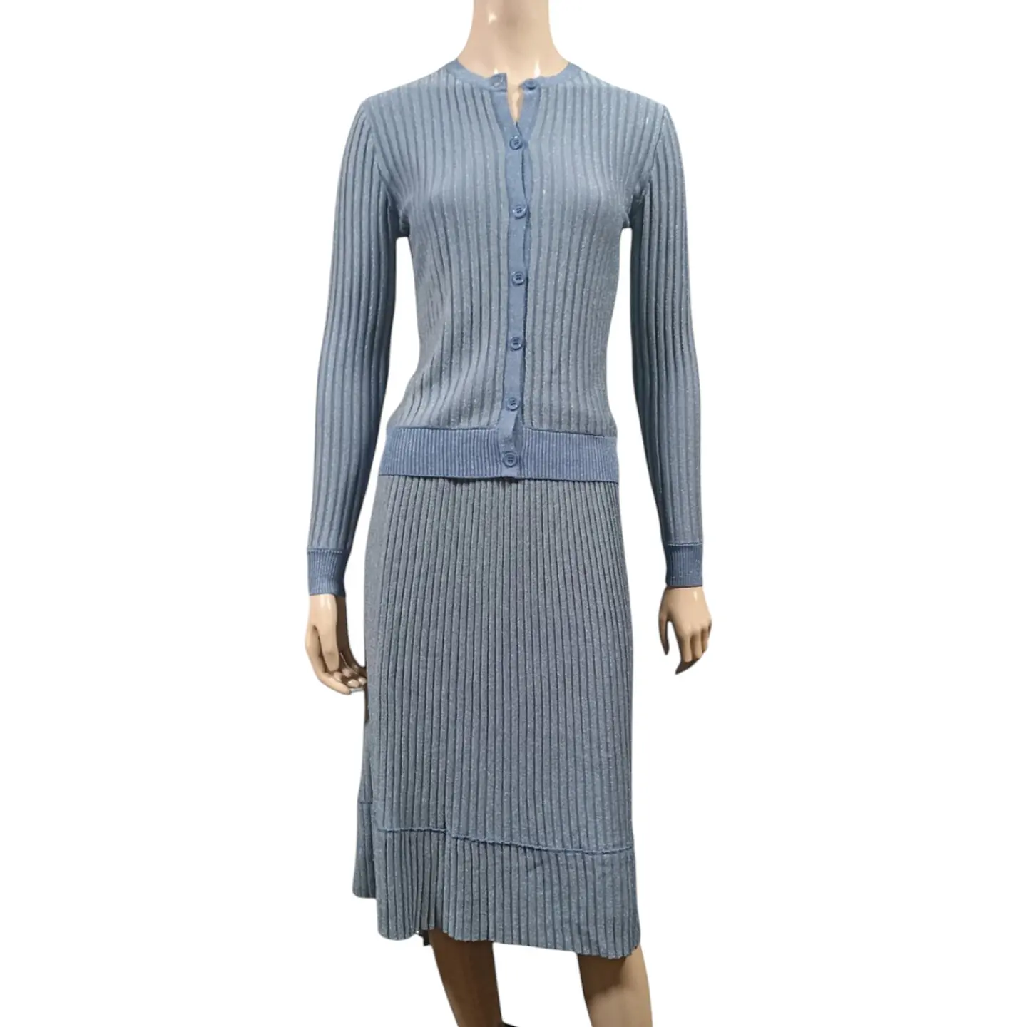 Conjunto Celeste Falda + Cárdigan Punto Acanalado Talla XS 3