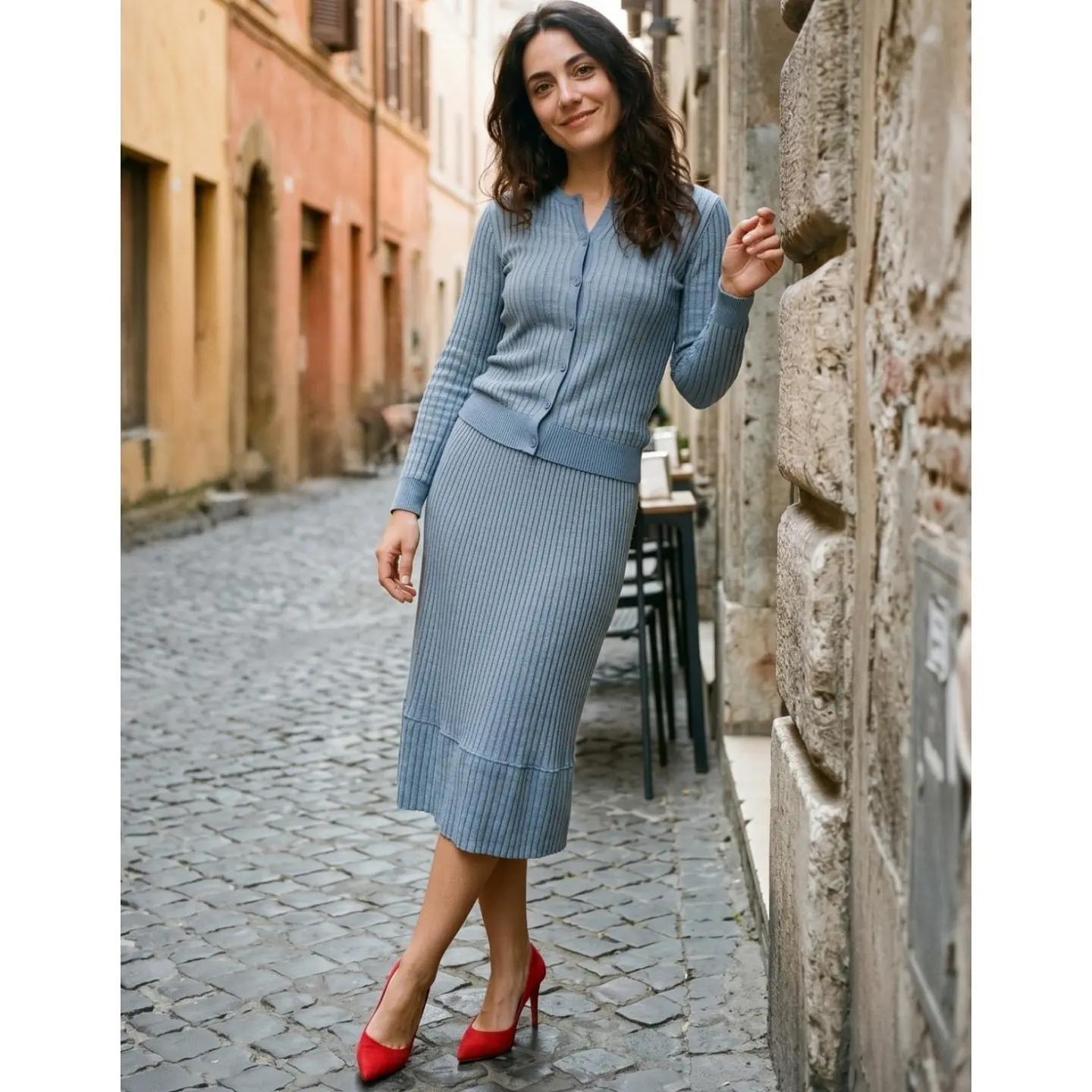 Conjunto Celeste Falda + Cárdigan Punto Acanalado Talla XS 1