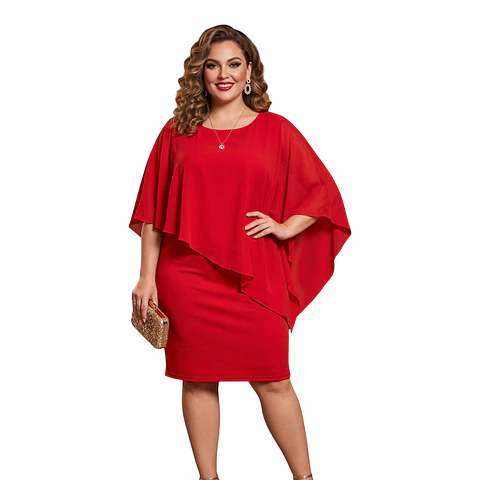 Vestido Rojo con Capa de Gasa Asimétrica - Talla Grande 3XL