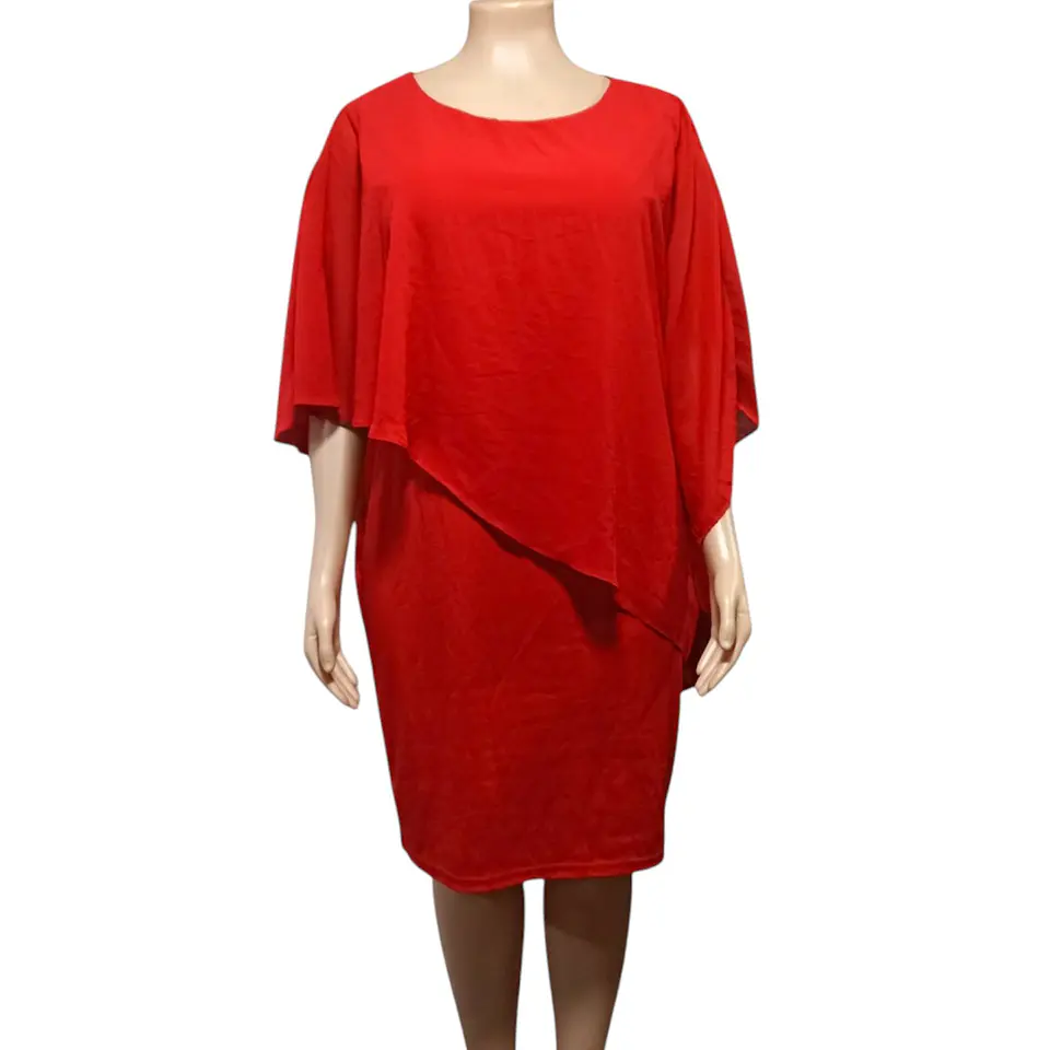 Vestido Rojo con Capa de Gasa Asimétrica - Talla Grande 3XL 3