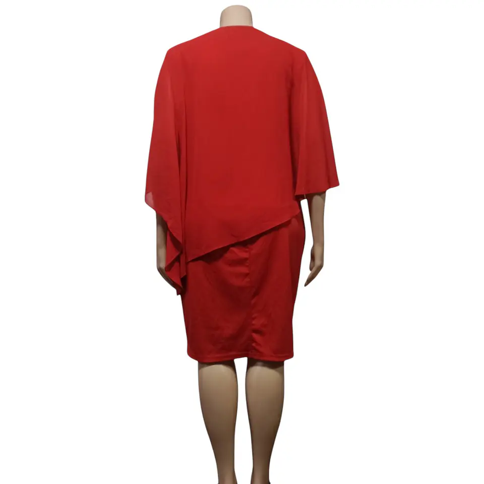 Vestido Rojo con Capa de Gasa Asimétrica - Talla Grande 3XL 4