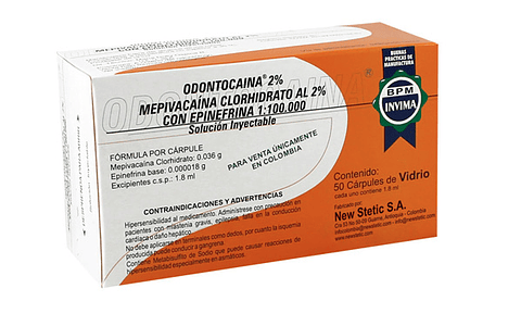 ANESTESIA MEPIVACAINA 2% CON EPINEFRINA 1:100.000 TUBO VIDRIO NEW STATIC