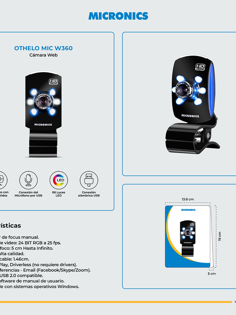 Cámara Web Micronics Othelo MIC W360 con Micrófono Integrado, Iluminación LED y Enfoque Manual USB 2.0 5