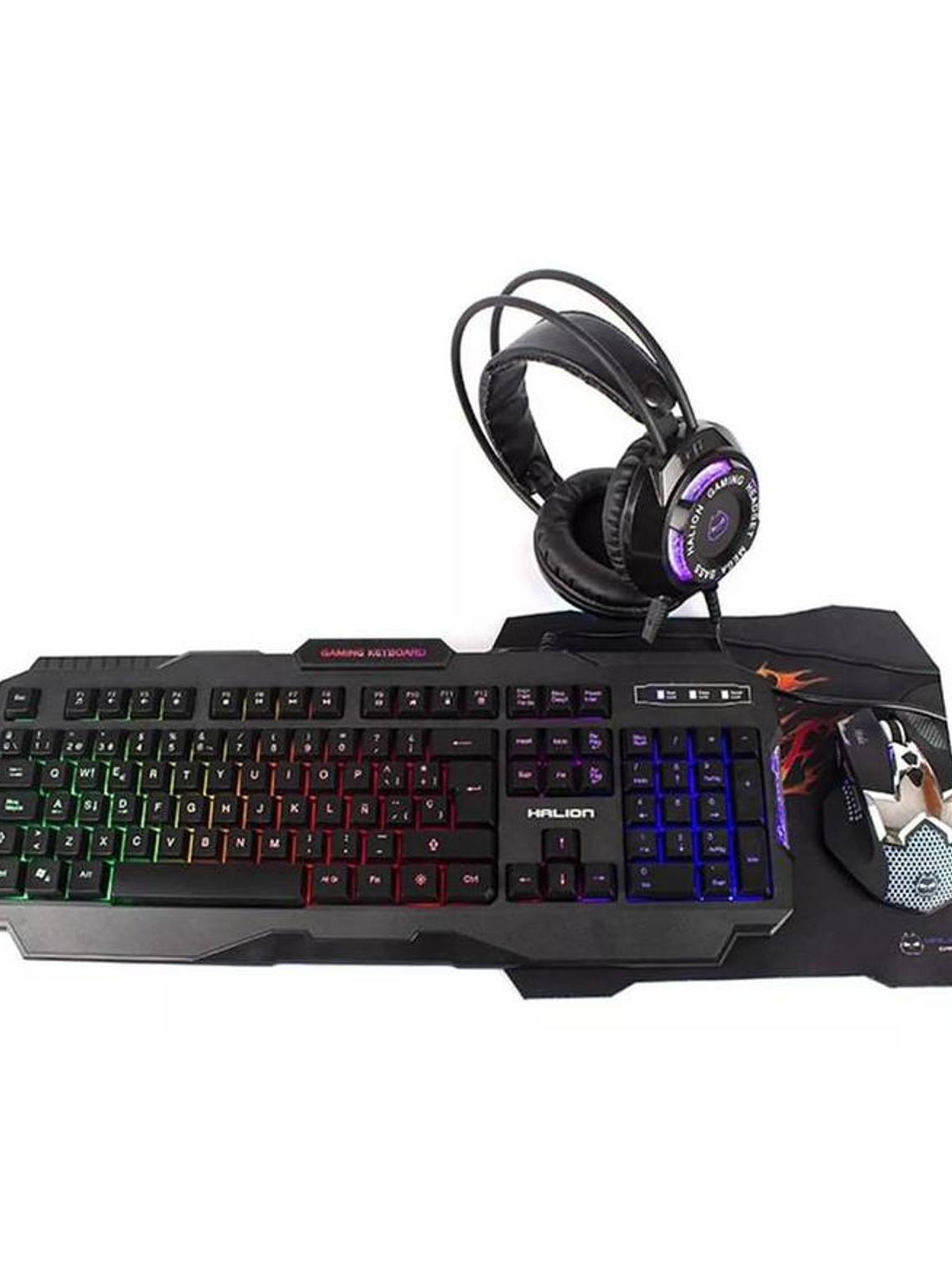 Combo Gamer 4 en 1 Halion HA-870C Akula – Teclado Retroiluminado, Mouse Óptico 6 Botones, Auriculares Estéreo y Mousepad Antideslizante 1
