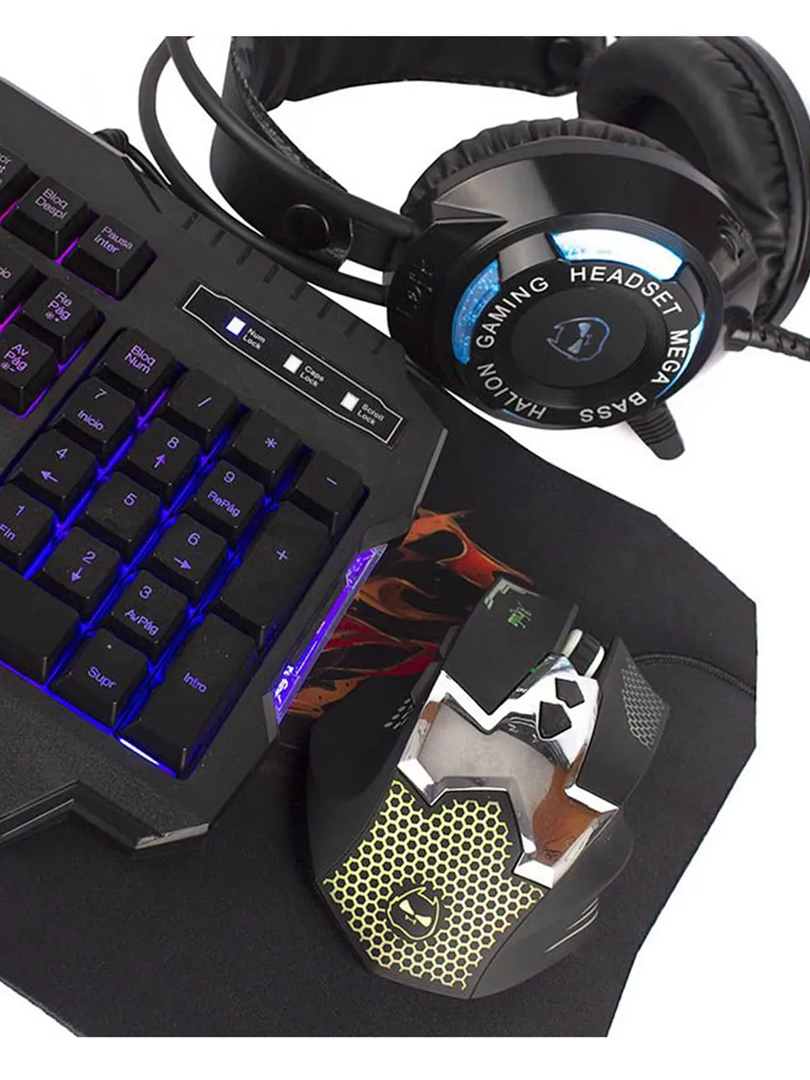 Combo Gamer 4 en 1 Halion HA-870C Akula – Teclado Retroiluminado, Mouse Óptico 6 Botones, Auriculares Estéreo y Mousepad Antideslizante 3
