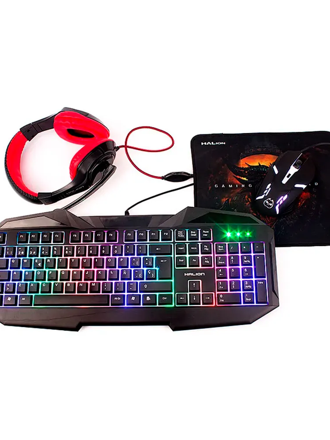 Combo Gamer 4 en 1 Halion HA-403C Hunter – Teclado LED, Mouse 6 Botones, Auriculares y Mousepad Antideslizante 1