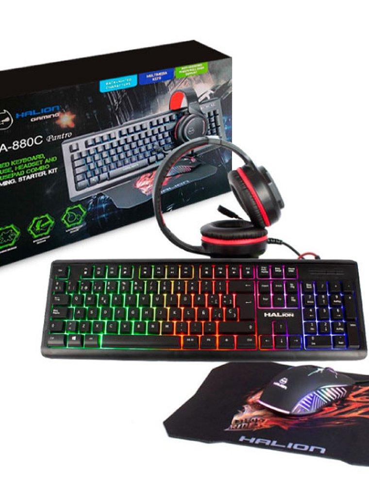 Combo Gamer 4 en 1 HALION HA-880C Pantro – Teclado RGB, Mouse 7200 DPI, Auriculares y Mousepad Antideslizante 4