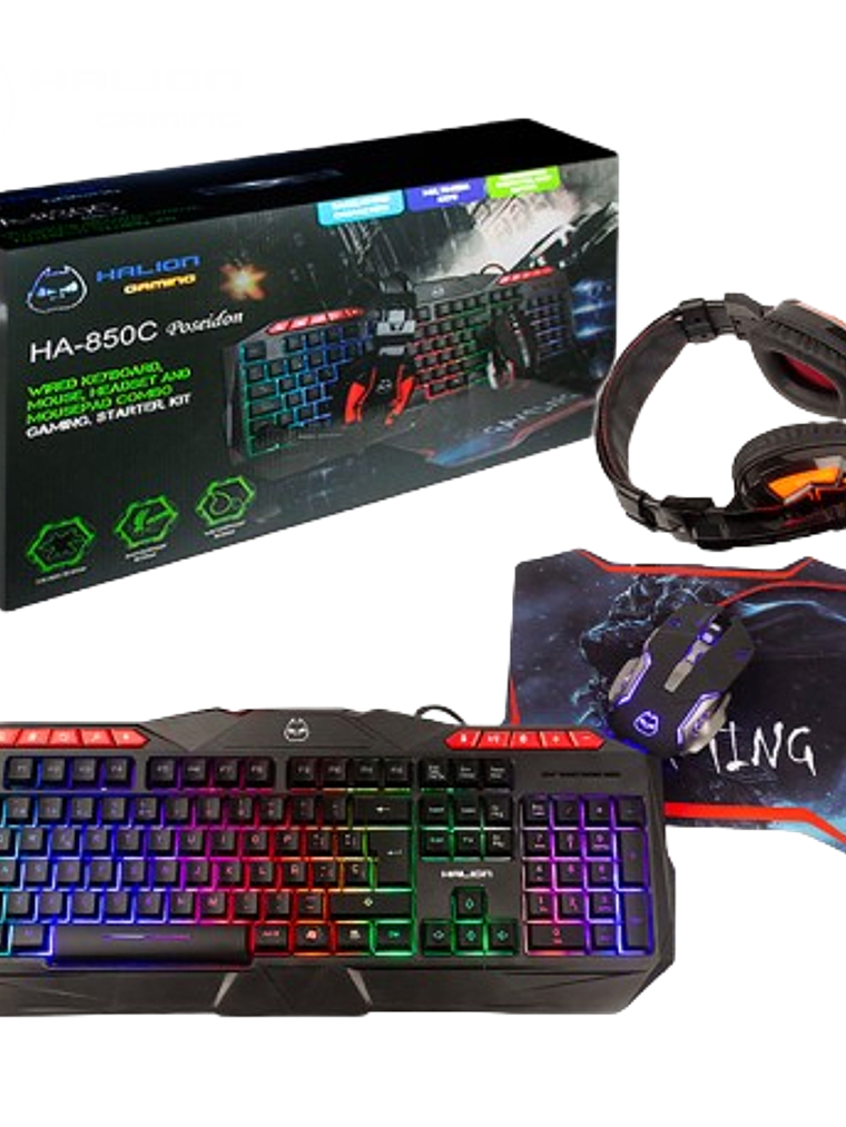 Combo Gamer 4 en 1 HALION HA-850C Poseidon – Teclado RGB, Mouse 3200 DPI, Auriculares y Mousepad Antideslizante 4