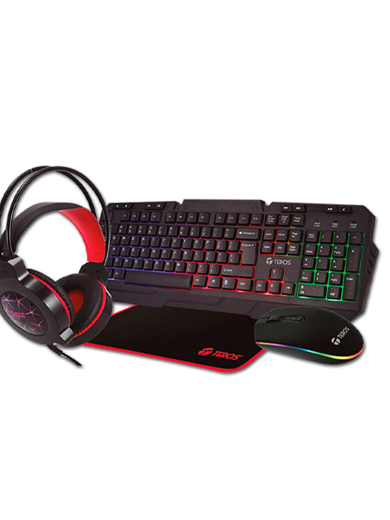 Kit Gamer Teros TE-4060R 4 en 1 – Teclado, Mouse, Auriculares y Mousepad, USB y 3.5 mm  1