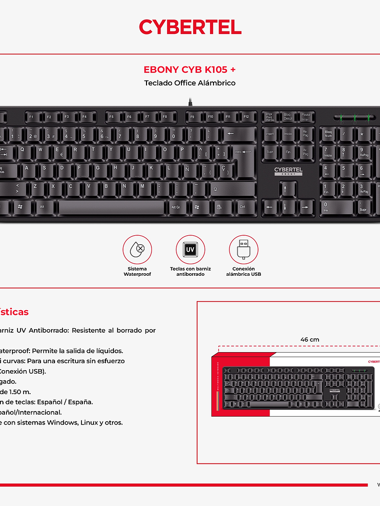 Teclado USB Cybertel Ebony K105 Antiderrame con Teclas Antiborrado – Negro 3