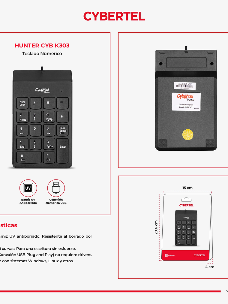 Teclado Numérico Cybertel Hunter CYB K303 – Precisión y Durabilidad USB Plug & Play 4