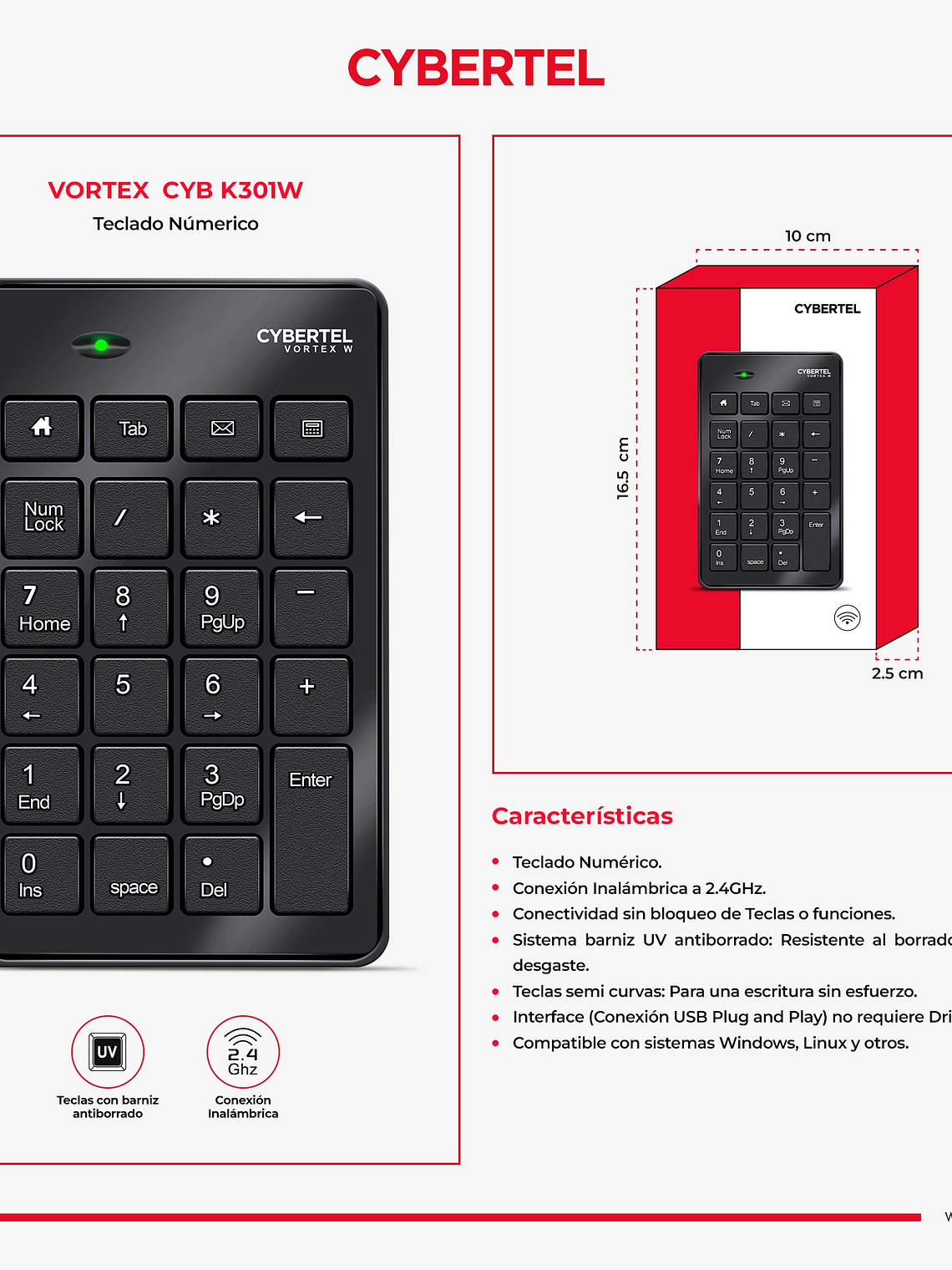 Teclado Numérico Inalámbrico Cybertel Vortex CYB K301W – Precisión y Comodidad 2.4GHz 2