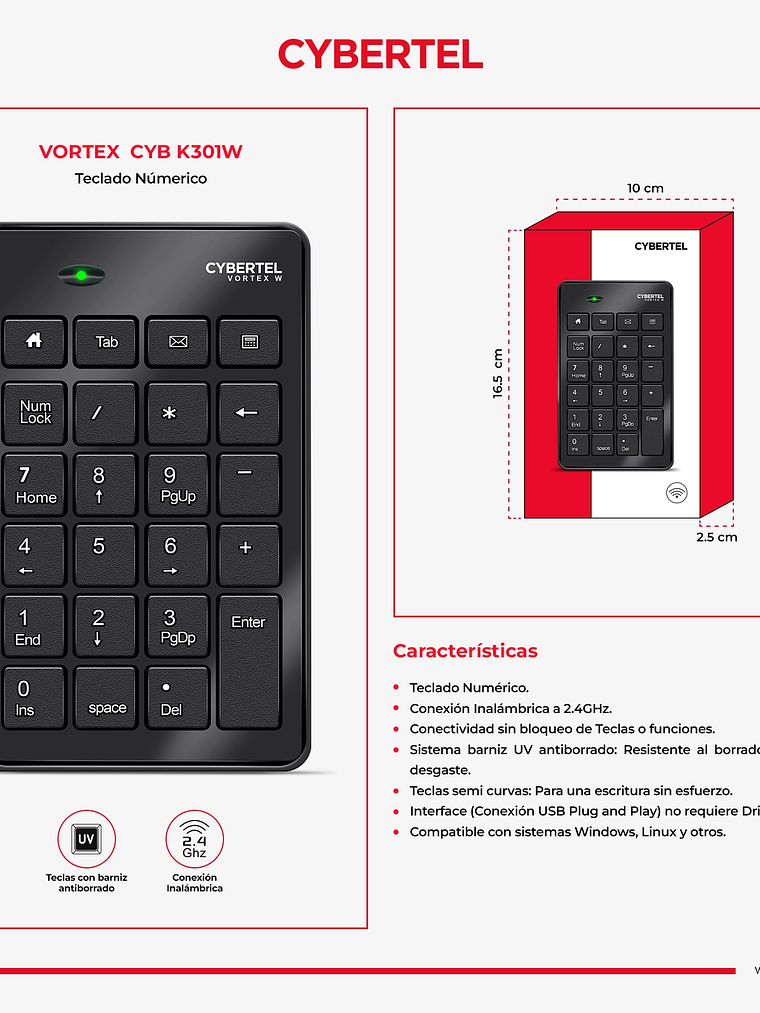 Teclado Numérico Inalámbrico Cybertel Vortex CYB K301W – Precisión y Comodidad 2.4GHz 2