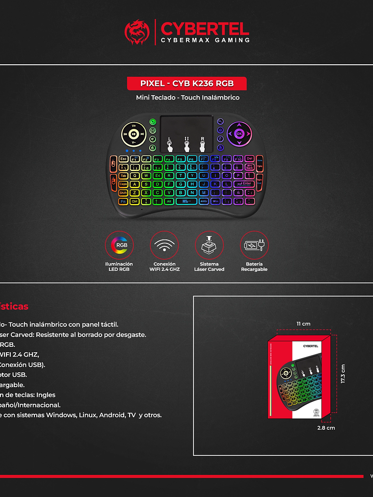 Mini Teclado Inalámbrico Cybertel Pixel CYB K236 RGB – Touch Panel y Luces LED 4