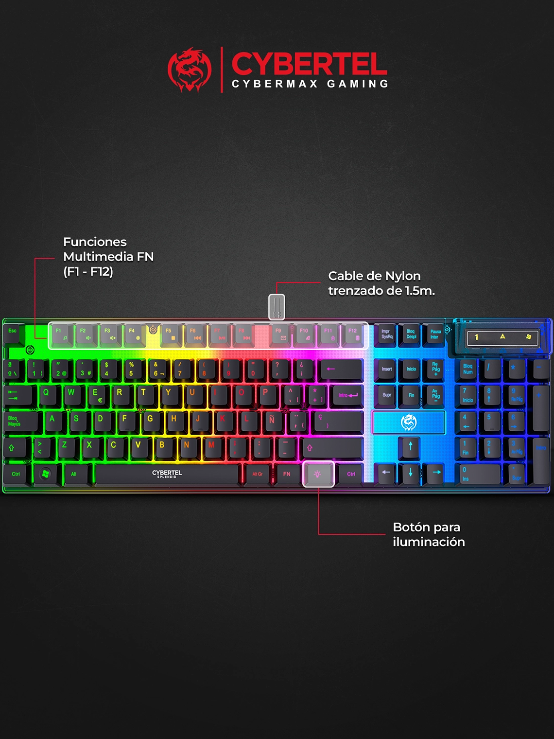 Teclado Gamer Cybertel Splendid CBX K213 – RGB Rainbow, 19 Teclas Antighosting y Funciones Multimedia 3
