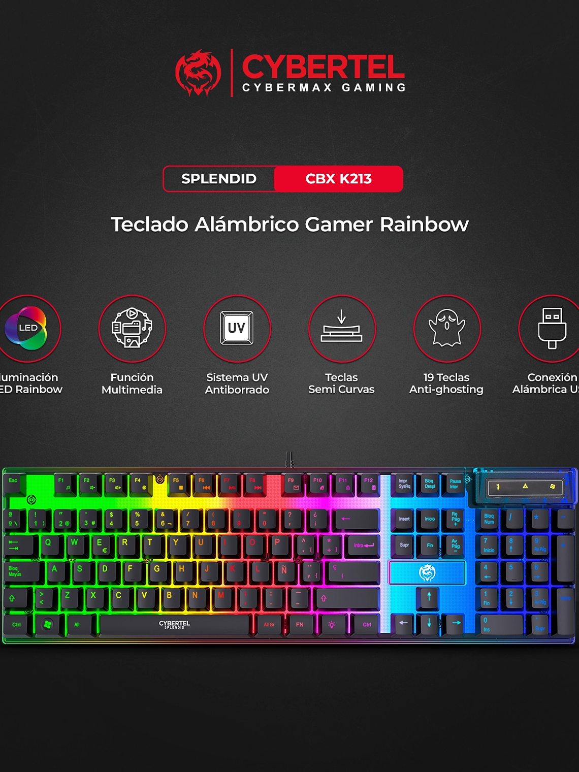 Teclado Gamer Cybertel Splendid CBX K213 – RGB Rainbow, 19 Teclas Antighosting y Funciones Multimedia 4
