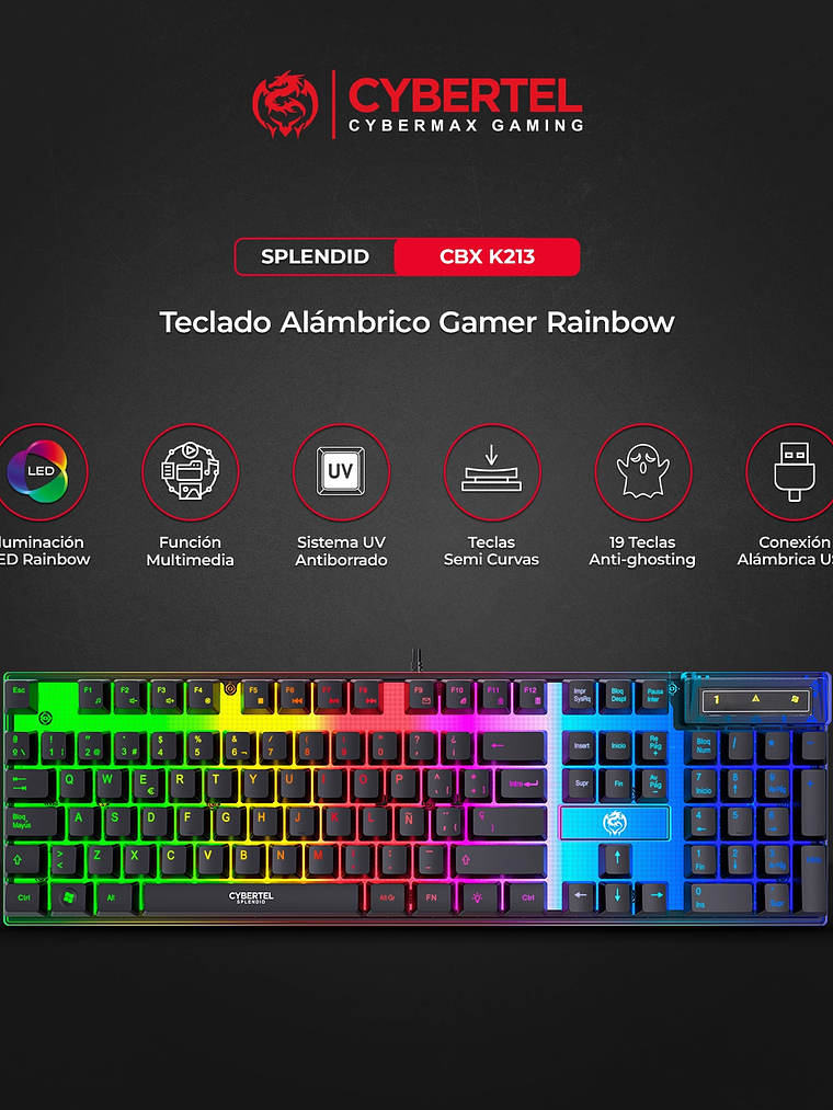 Teclado Gamer Cybertel Splendid CBX K213 – RGB Rainbow, 19 Teclas Antighosting y Funciones Multimedia 4