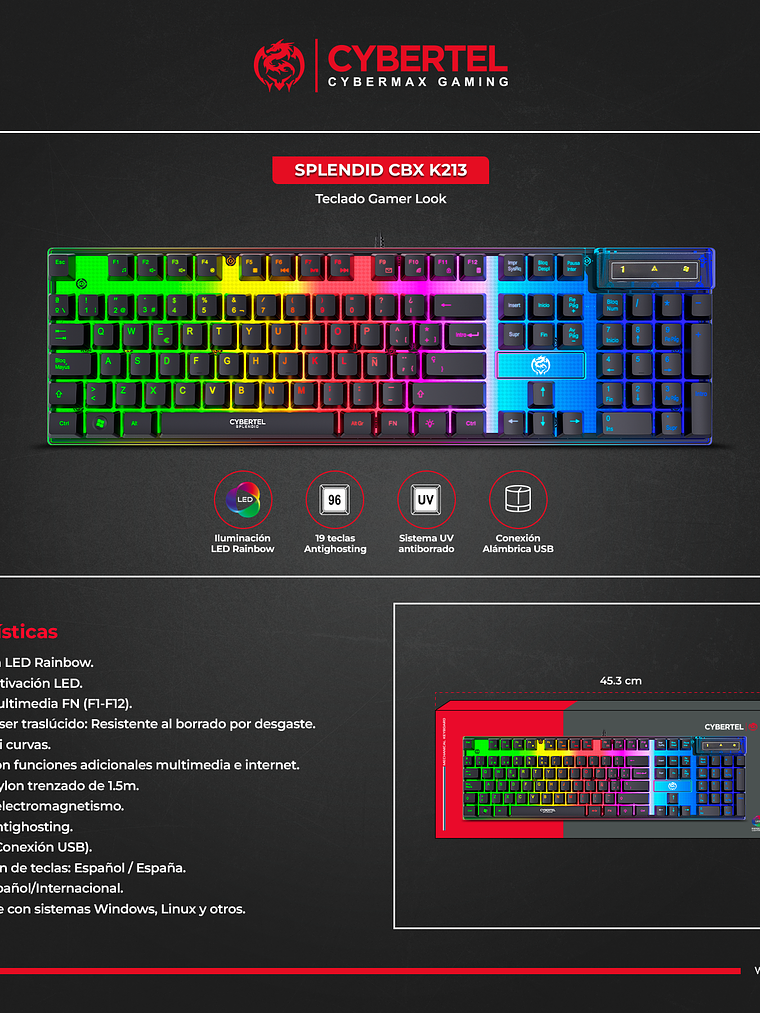 Teclado Gamer Cybertel Splendid CBX K213 – RGB Rainbow, 19 Teclas Antighosting y Funciones Multimedia 5