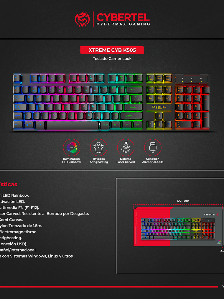 Teclado Gamer Cybertel Xtreme CYB K505 – RGB Rainbow, 19 Teclas Antighosting y Funciones Multimedia 2