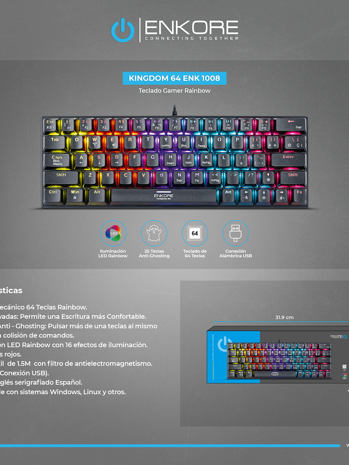 Teclado Gamer Mecánico Enkore Kingdom 64 ENK 1008 – Rainbow, 25 Teclas Anti-Ghosting y Pulsadores Rojos 3