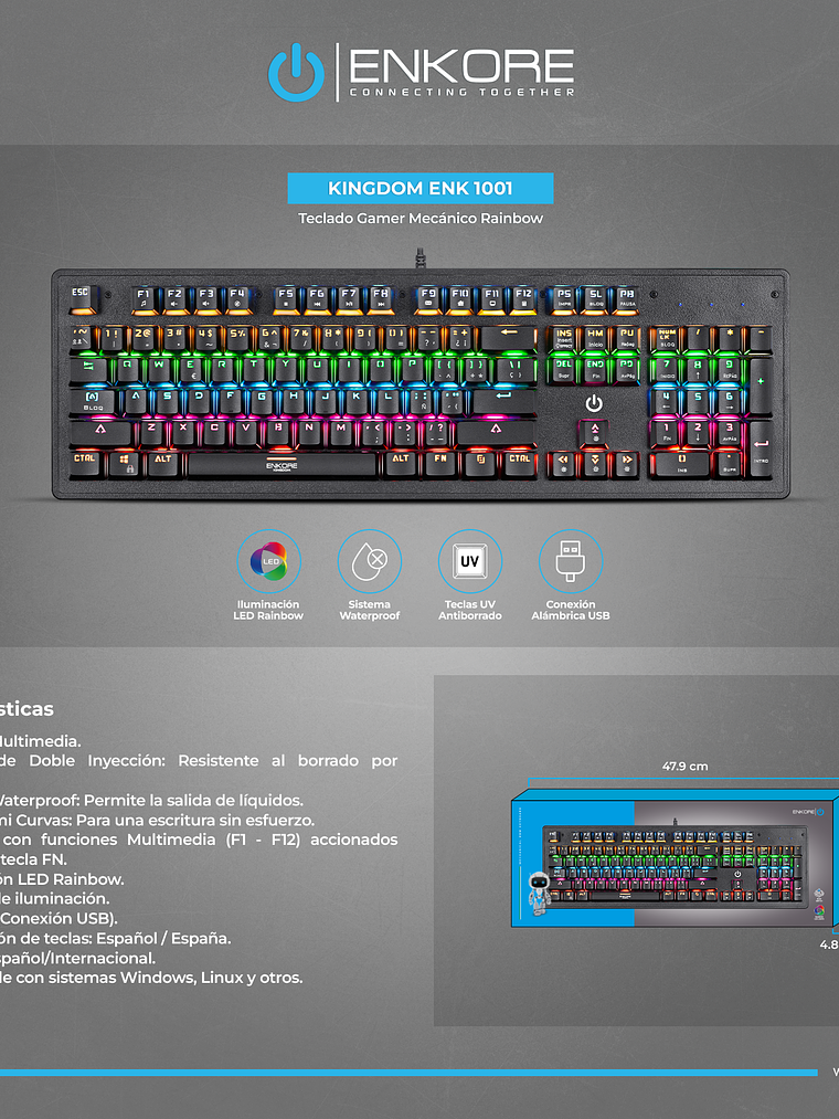 Teclado Gamer Mecánico Enkore Kingdom ENK 1001 – Rainbow, Waterproof y Funciones Multimedia 5