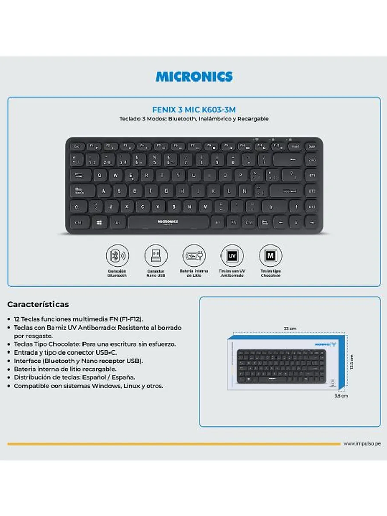 Teclado Micronics Fenix 3 MIC K603-3M Recargable Bluetooth y Wireless Dual Mode 3