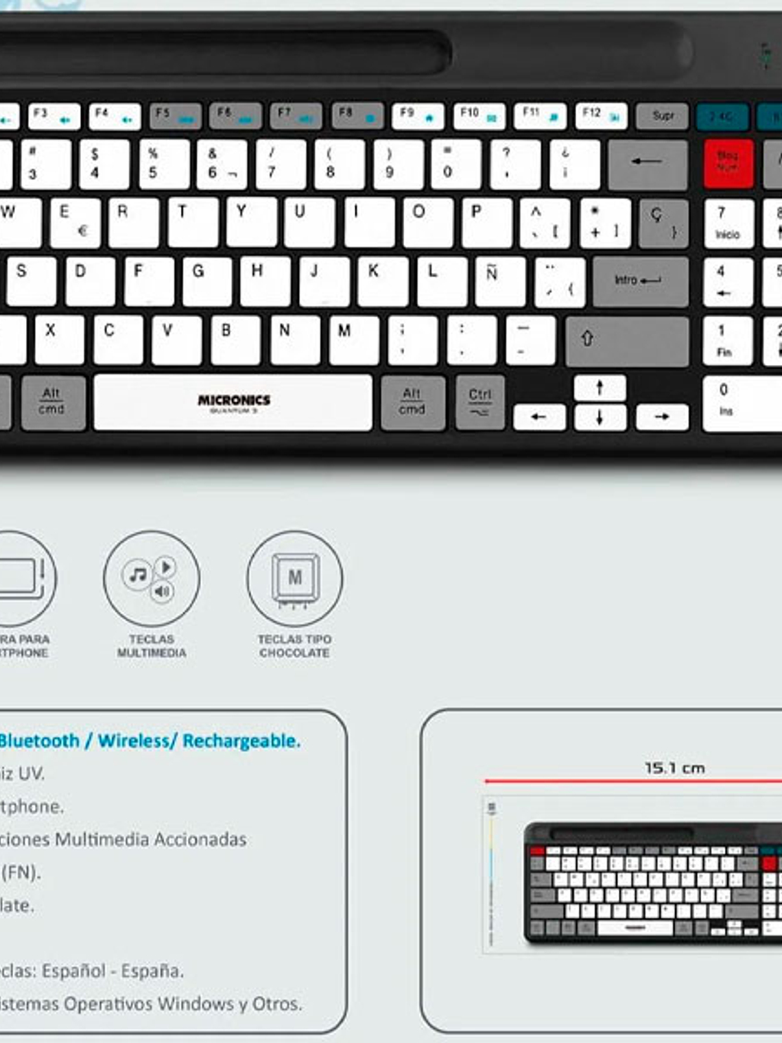Teclado Micronics Quantum 3 MIC K600-3M Bluetooth Recargable – Teclas Tipo Chocolate, Funciones Multimedia, Español / Internacional 2