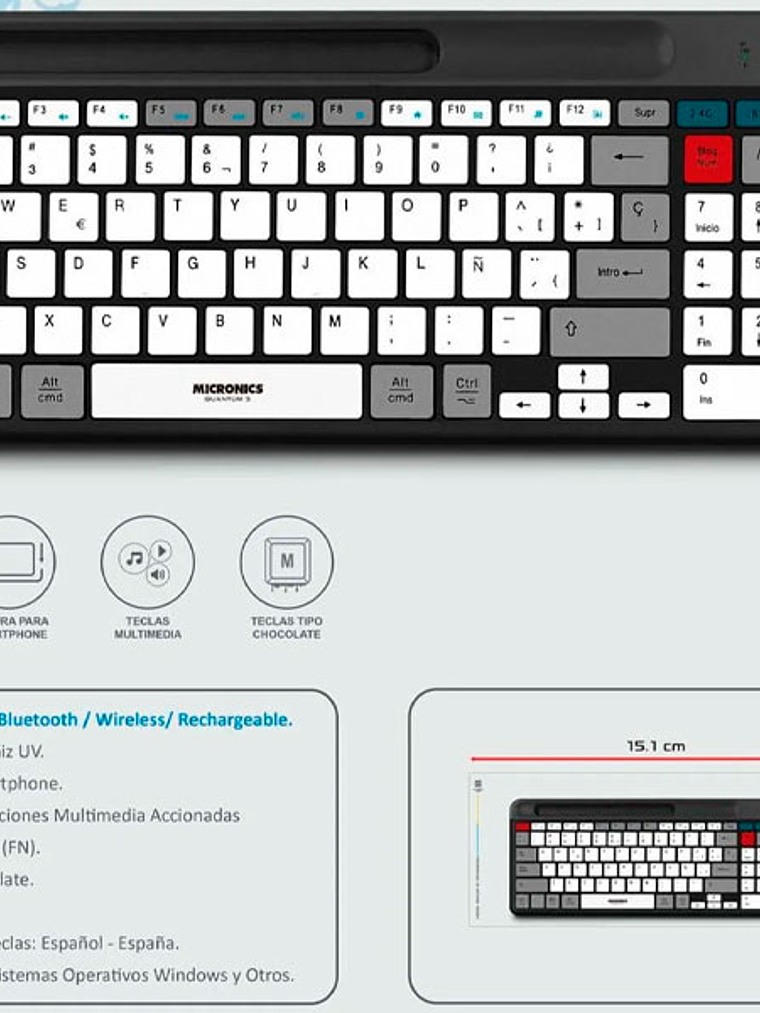 Teclado Micronics Quantum 3 MIC K600-3M Bluetooth Recargable – Teclas Tipo Chocolate, Funciones Multimedia, Español / Internacional 2