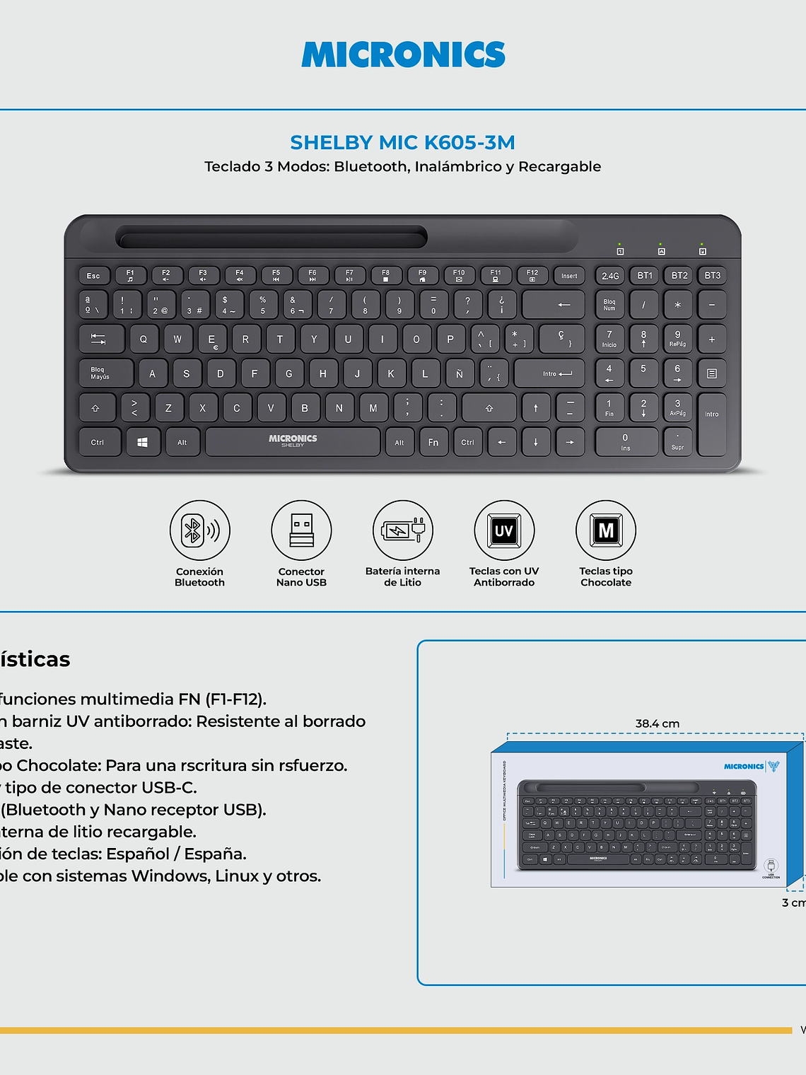 Teclado Micronics Shelby MIC K605-3M Bluetooth Inalámbrico Recargable – Teclas Tipo Chocolate, Funciones Multimedia, USB-C, Español 2