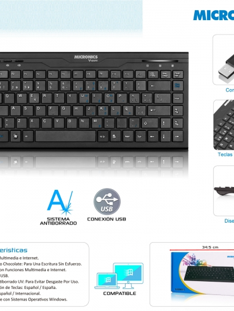 Teclado Multimedia USB Yuppie BLK Slim MIC K716 Tipo Chocolate – Micronics, Español / Internacional 1