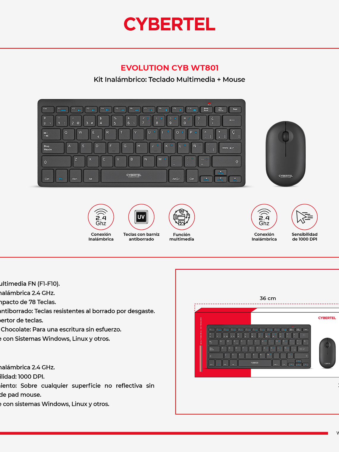 Kit Inalámbrico Cybertel Evolution CYB WT801 Teclado Multimedia Compacto 78 Teclas + Mouse Óptico 1000 DPI 2.4GHz USB Español 4